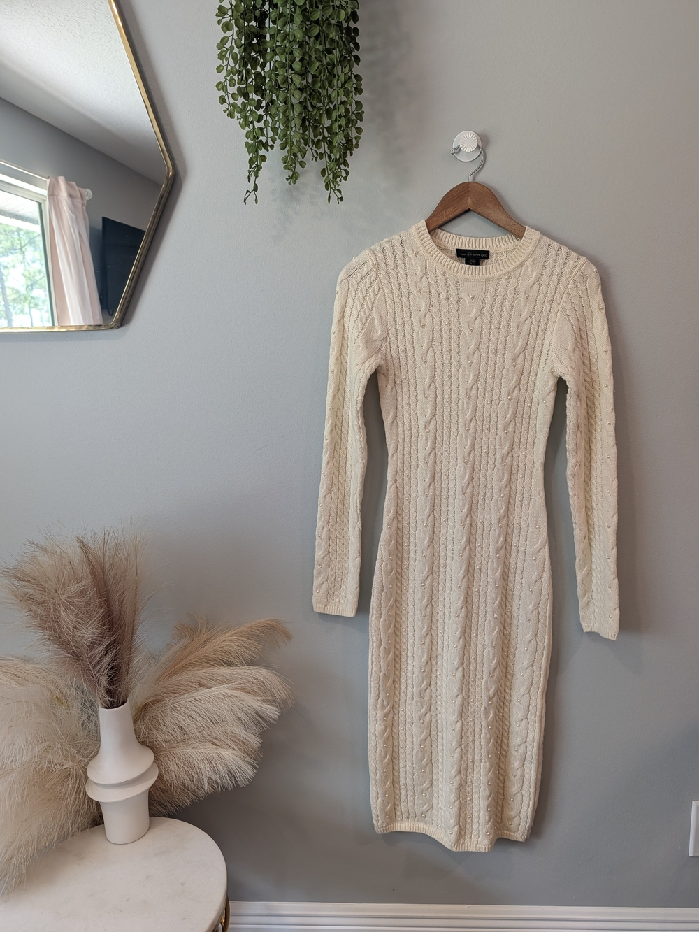 House Of Harlow Cable Knit Long Sleeve Cream Sweater Dress Sz Xs